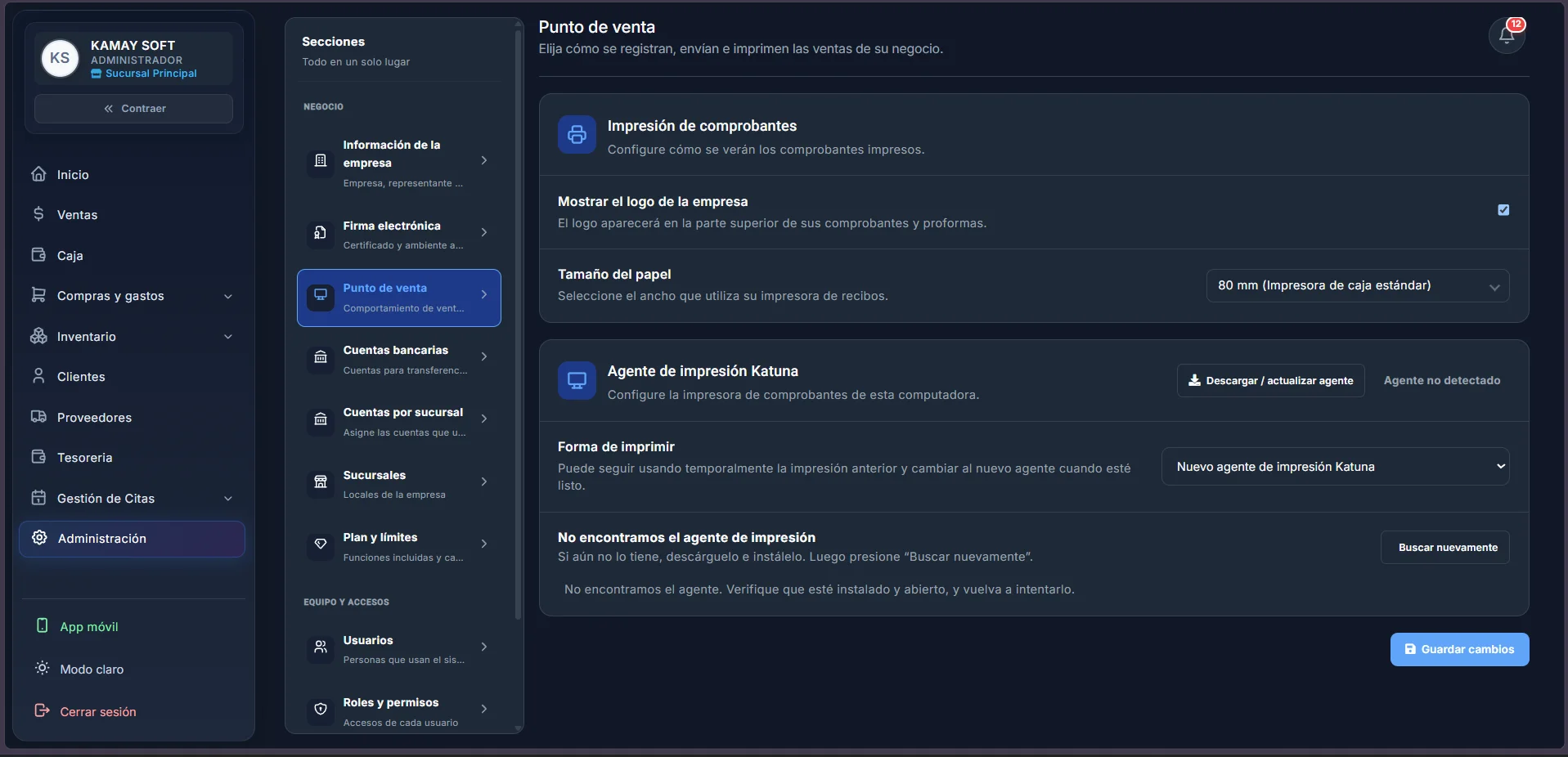 Configuración administrativa y de impresión de comprobantes en KatunaPOS
