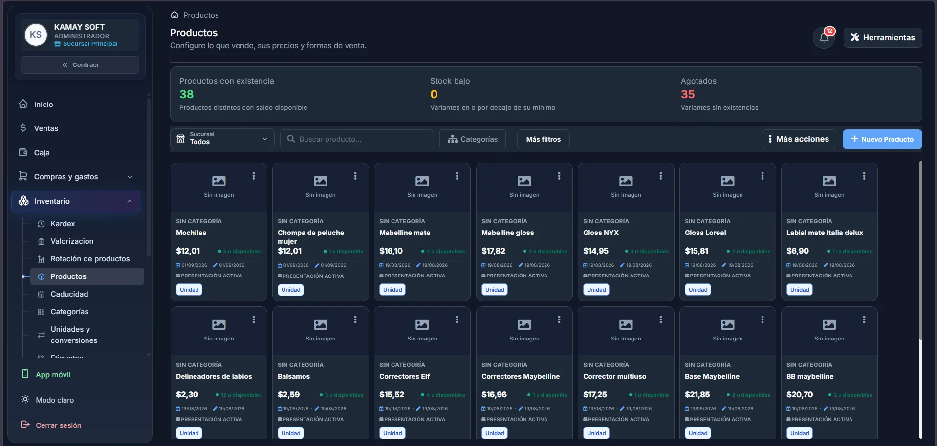 Listado y control de inventario en KatunaPOS