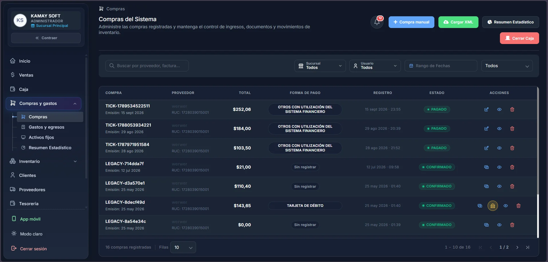 Historial de compras y proveedores en KatunaPOS