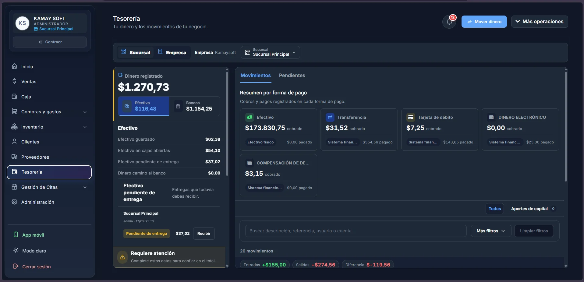 Panel de tesorería de KatunaPOS con efectivo, bancos y movimientos financieros